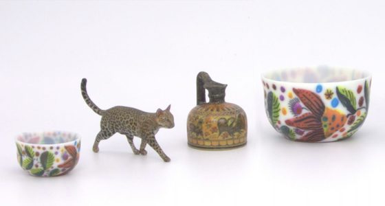 Rendered cat, kettle and painted bowls with detailed surface appearance