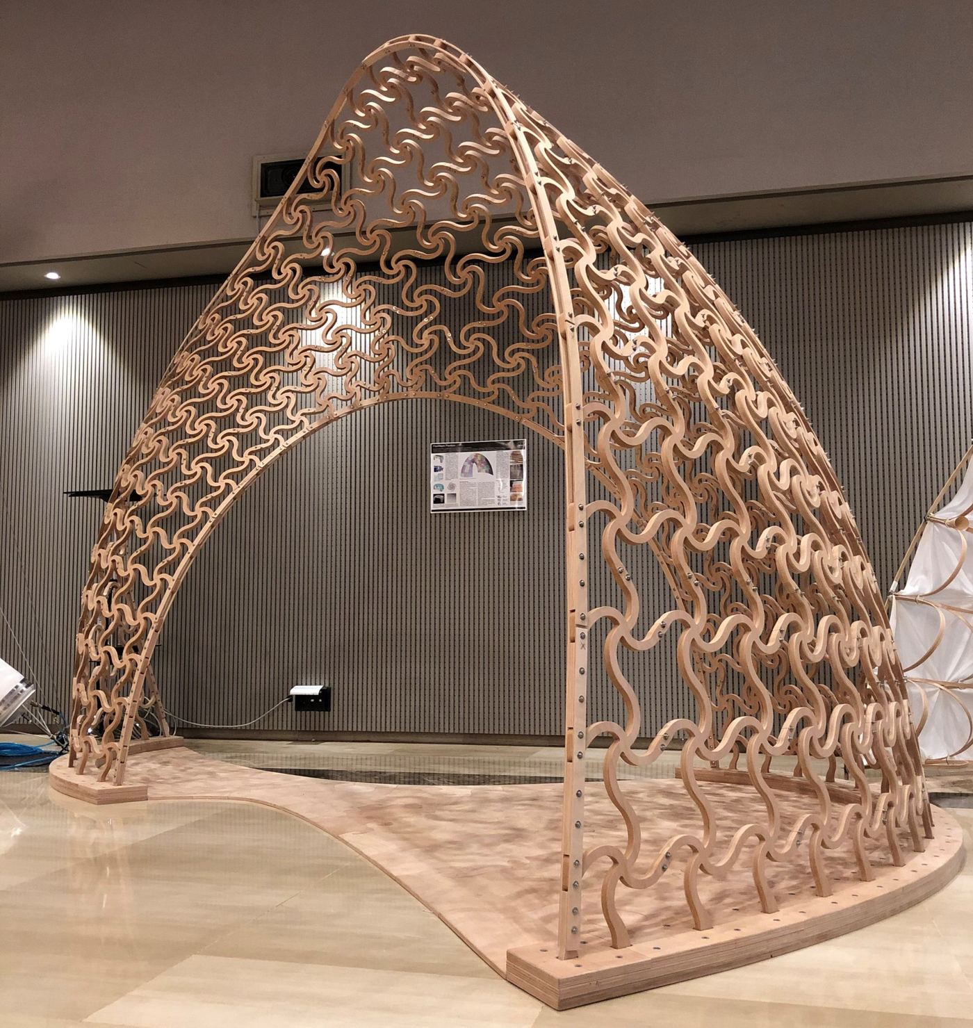 FlexMaps Pavilion: a twisted timber arc assembled from flat, flexible mesostructured panels